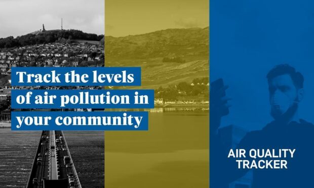 A composite graphic showing different areas of scotland and a man wearing a mask with the text: Track the levels of pollution in your community - air quality tracker.'