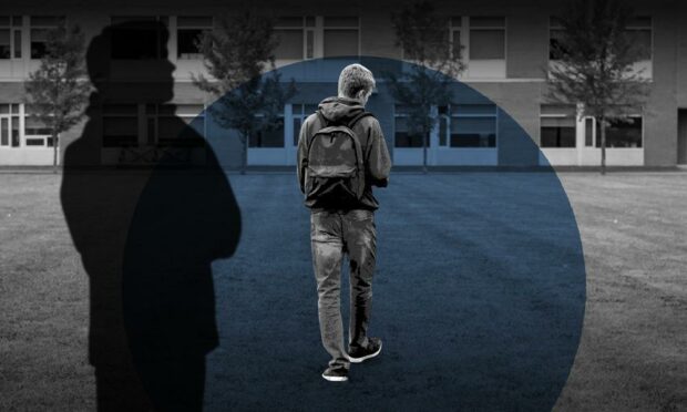A graphic showing a schoolboy walking away from a figure in shadow