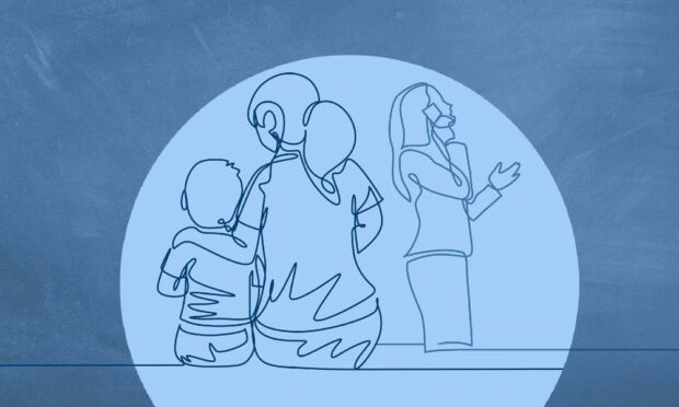 a pencil drawing of two children and two adults - one of which is on the phone