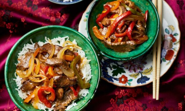 Beef and onion with mixed peppers.