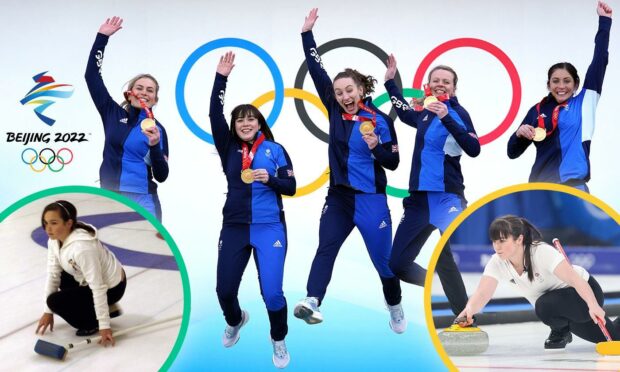 Great Britain's Mili Smith, Hailey Duff, Jennifer Dodds, Vicky Wright and Eve Muirhead celebrate with their gold medals.
