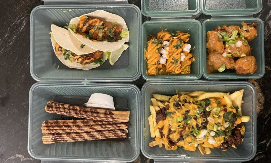 Ecoeats containers with food from Dundee restaurant Loco Rita's.