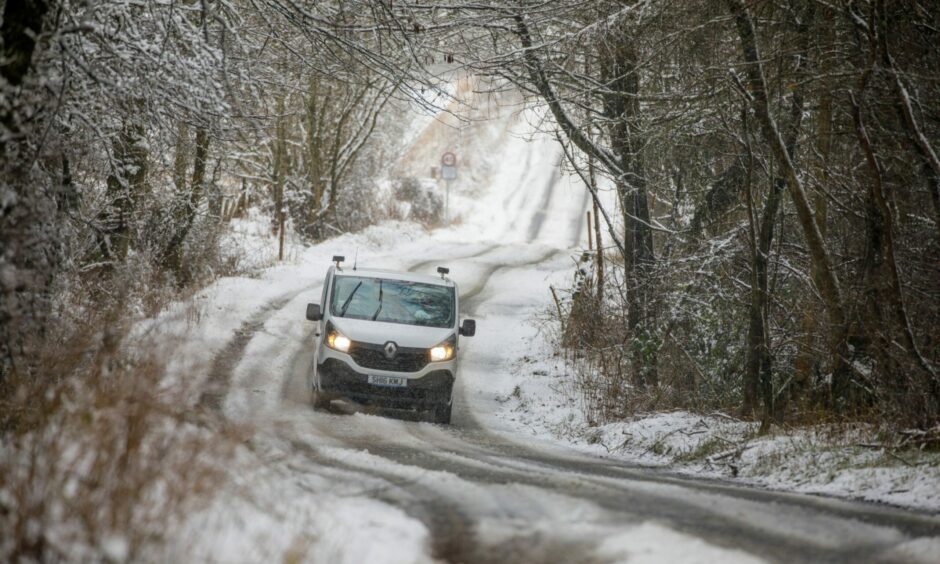Slippery conditions on the Wicks o’ Baiglie road from Bridge of Earn to Glenfarg. 