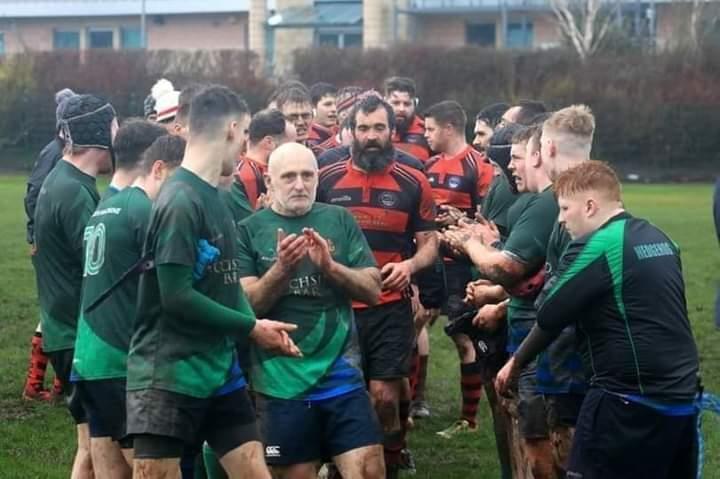Shown centre, age 63, is Lee Starkey after a full game with Montrose Rugby, just before his diagnosis.