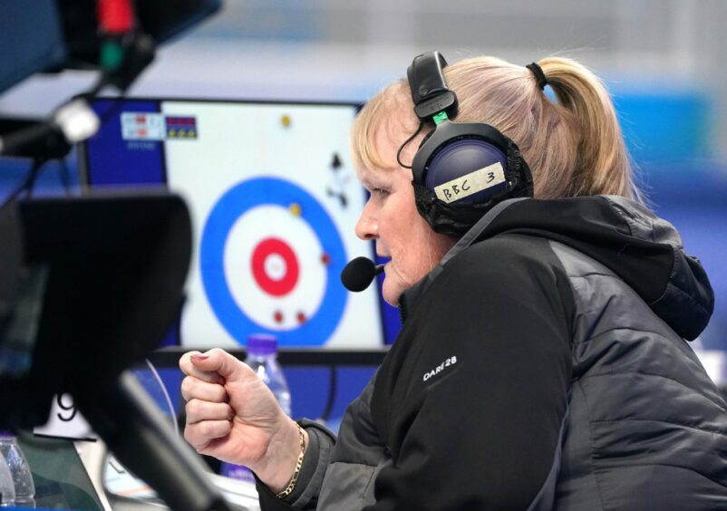 Former Great Britain curler Rhona Howie in the commentary box.