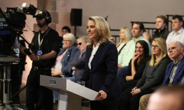 BBC presenter Sarah Smith (centre) during a Scottish Leaders' debate.