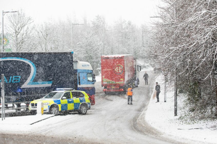 Snowy conditions caused traffic problems towards Broxden Services, Perth. 