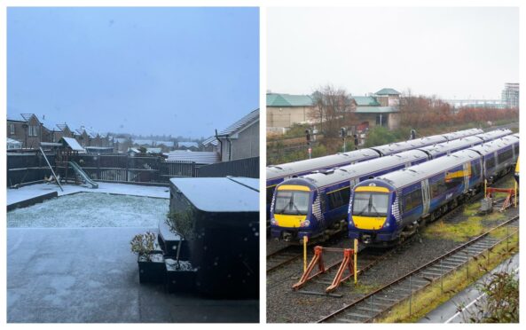 Some light snow has fallen in Kelty, while trains have been cancelled.