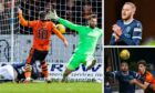 Dundee United striker Nicky Clark goes close while Zak Rudden (top right) and Vontae Daley-Campbell (bottom right) impressed on debut.