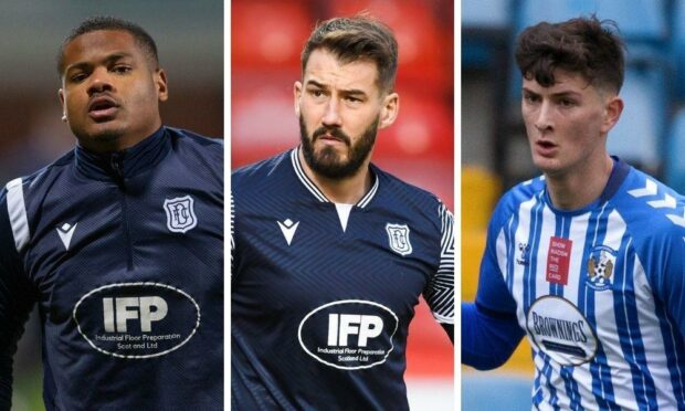 Dundee's Vontae Daley-Campbell, Adam Legzdins and Bournemouth defender Zeno Ibsen Rossi.