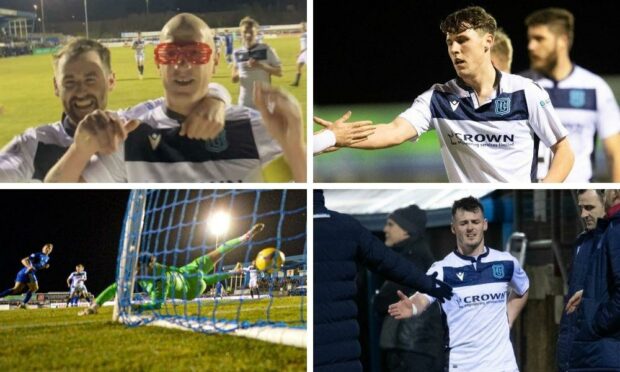 Clockwise from top left: Dundee skipper Charlie Adam celebrates, Josh Mulligan, Peterhead hit the post and Danny Mullen hobbles off.