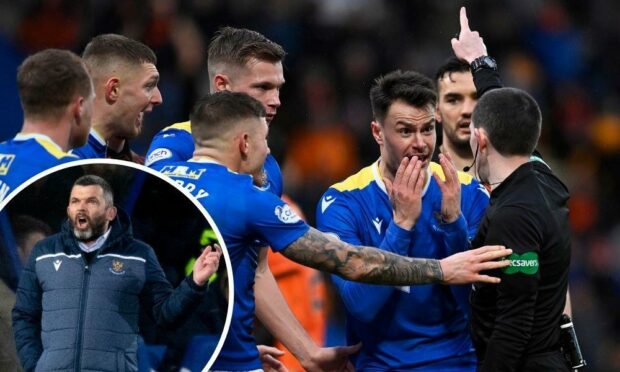 St Johnstone's Melker Hallberg looks incredulous after being sent off against Dundee United by referee Colin Steven