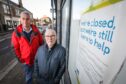 Carnoustie councillors Brian Boyd and David Cheape outside the town's former TSB branch. Pic: Mhairi Edwards/DCT Media.