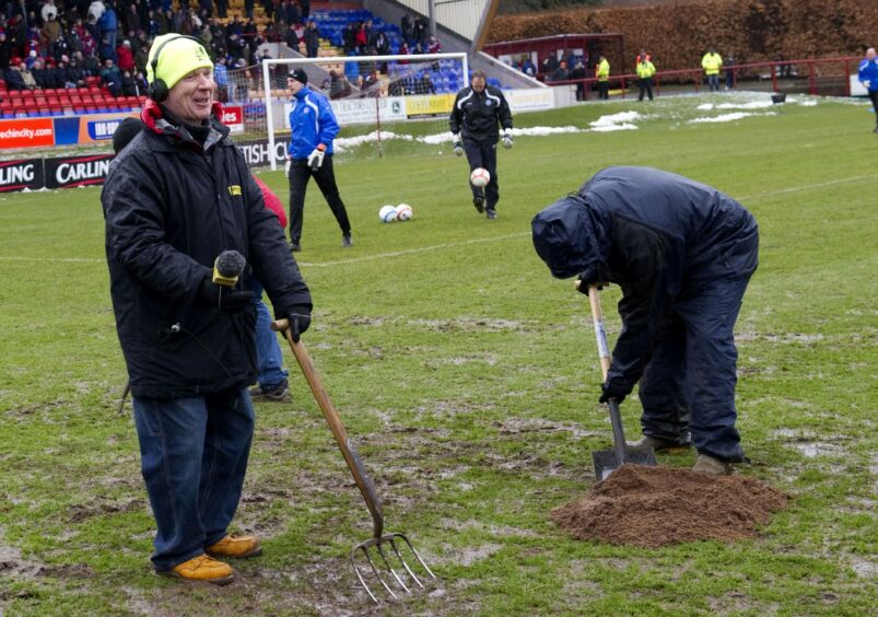Jim puts his back into it before the 2011 Scottish Cup quarter final at Brechin City's Glebe Park ground.