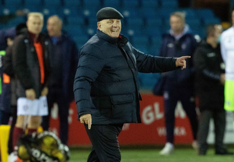 Dick Campbell celebrates after his side claimed a 1-0 victory over Kilmarnock in November.