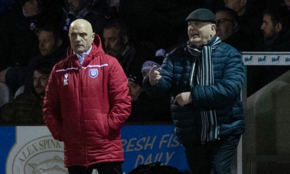 Dick Campbell and brother Ian on the touchline for Arbroath. Image: SNS