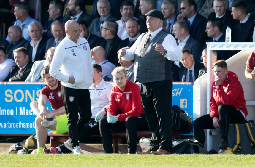 Arbroath boss Dick Campbell on the touchline during the Arbroath v Raith Rovers clash.