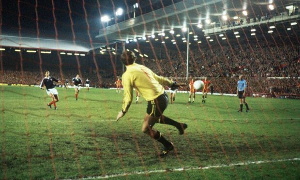 Don Masson scores from the penalty spot for Scotland.