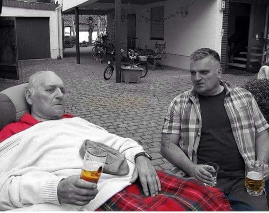 Ronnie Kimmel, right, shares a last pint with his dad Alwin at Jockgrim.