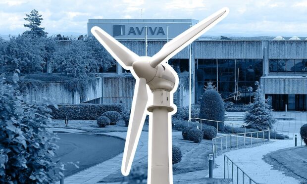 wind turbine, set against image of Aviva's Perth base.