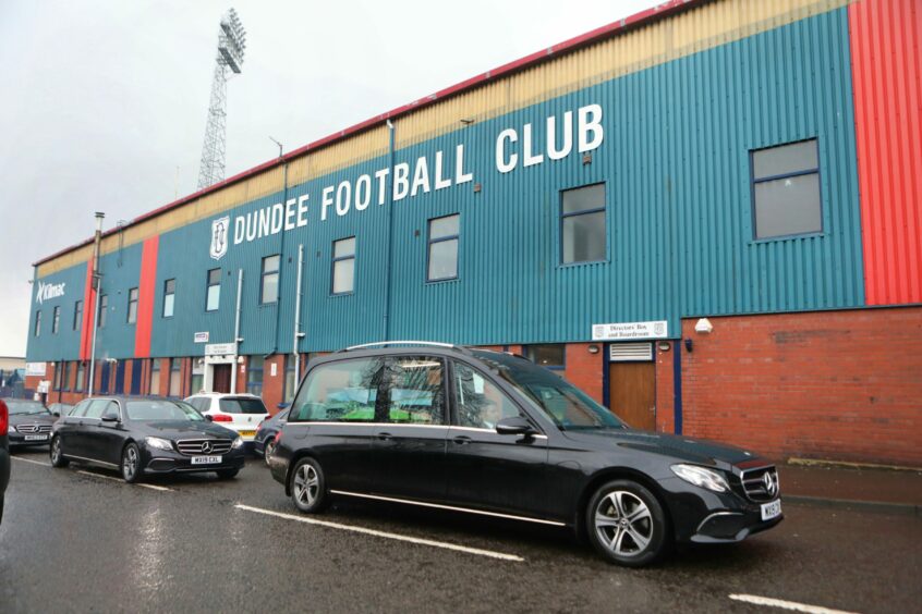 Funeral cortege of Petra Ryce, stopping by Dens Park one final time.