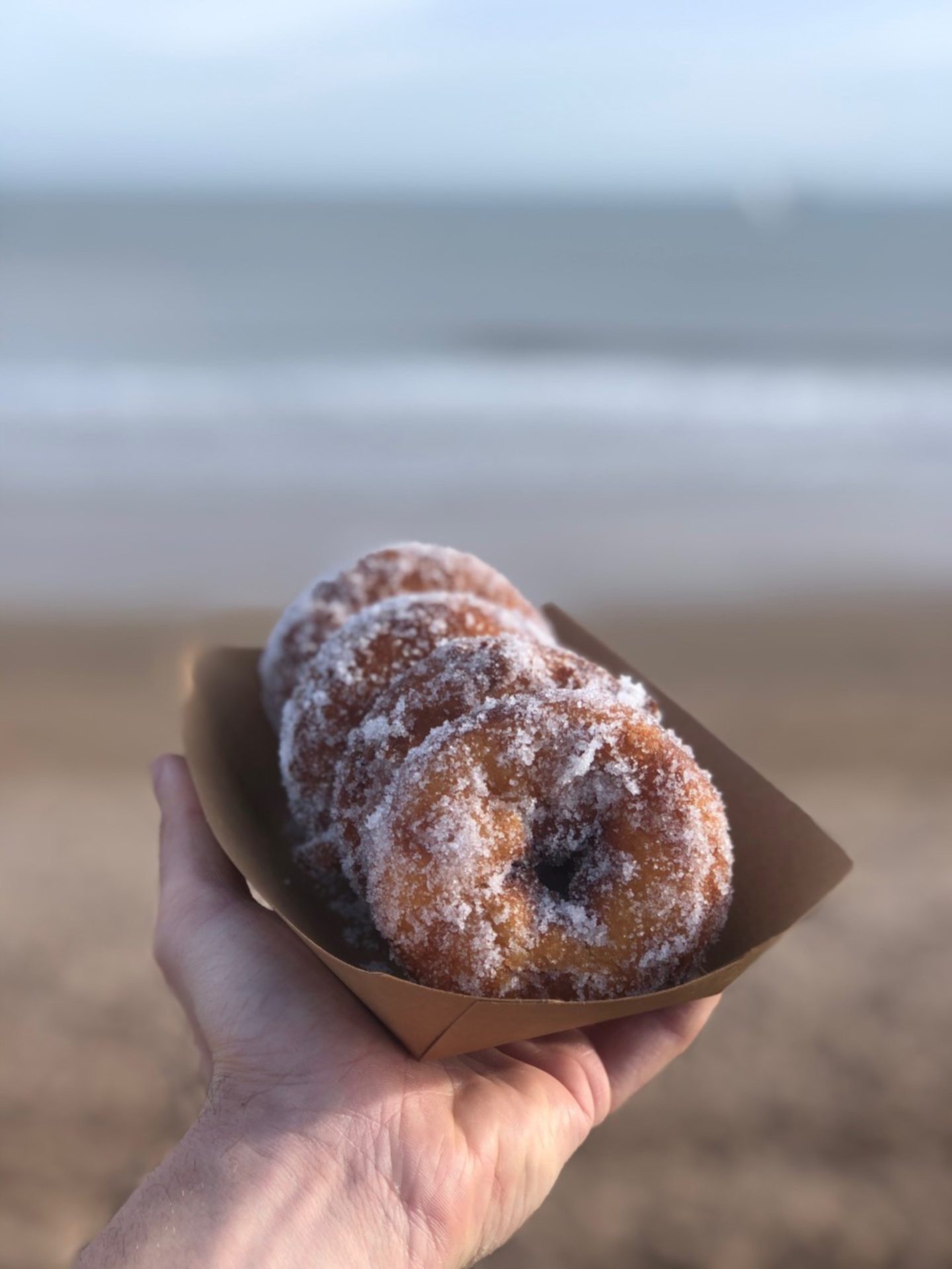 a hand holding a tray of doughnuts with the beach and water in the background