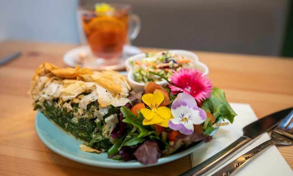 Greek Spinach Filo Tart (vegan) and Peach Ice Tea. Sweetpea Cafe.