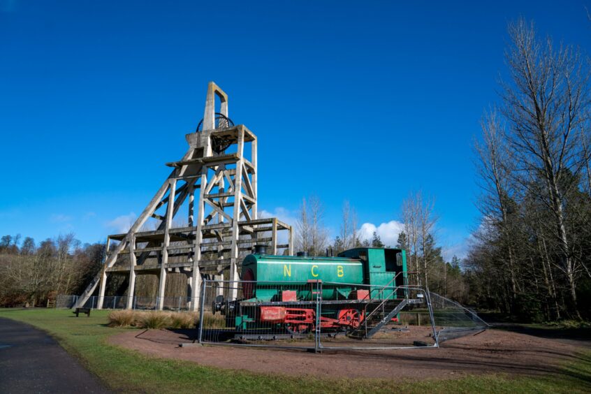 The historic Mary Pit Head winding tower and the pit locomotive currently being restored.