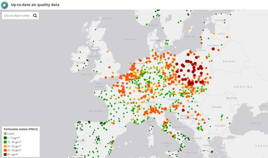 This European Environment Agency graphic shows air pollution in the form of PM2.5 across Europe on March 2. Dark red dots show high levels in Poland.