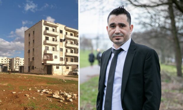 Mohammad Bay is now a bus driver in Dundee after leaving Syria. Pictured left is his damaged apartment block in Aleppo.