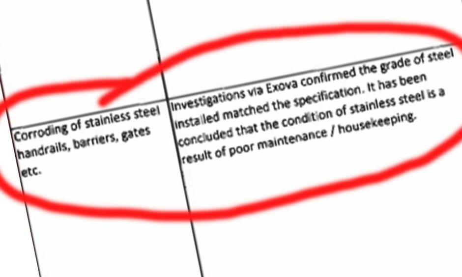 circled section of a report, detailing corrosion to stainless steel fittings at the Olympia pool, Dundee, and suggesting poor maintenance/housekeeping is to blame.