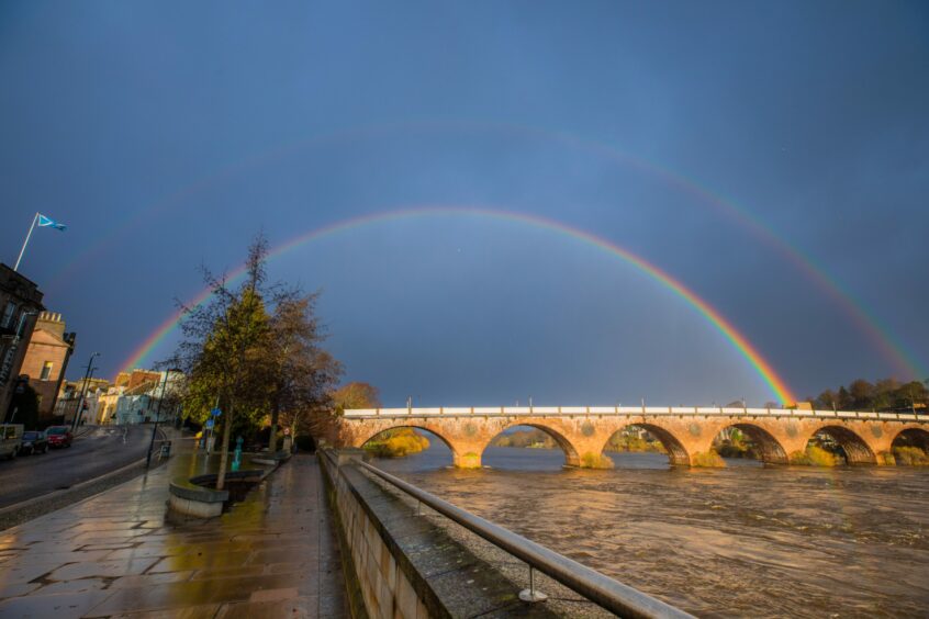 A rainbow over the River Tay in Perth