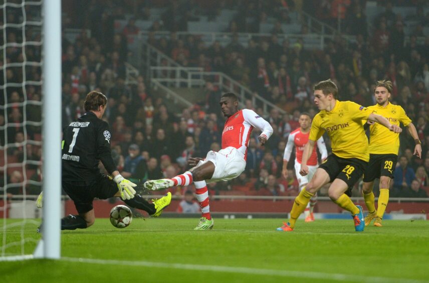 Sanogo scores for Arsenal in the Champions League against Dortmund.