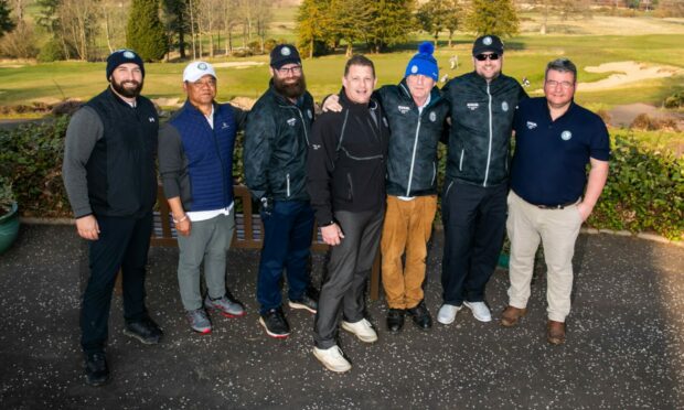 Mike Pappas, Bruce Chim, Chris Cole, Sean Sutherland, Don Snyder, Luke Cyr and Neil Ryan at the Duke's Course, near St Andrews