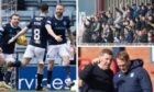 Dundee players celebrate their opener against Rangers, fans back their team (top) and Mark McGhee talks tactics with Simon Rusk (bottom).