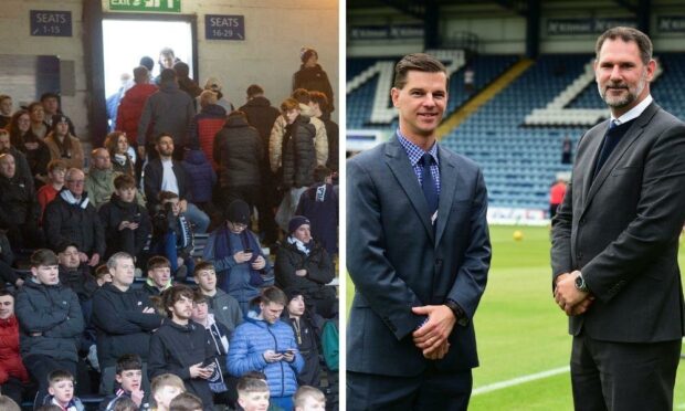Unhappy Dundee fans (left). Dundee owners Tim Keyes and John Nelms (right).