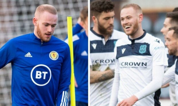 Zak Rudden training with the Scotland U/21 squad (left) and celebrating a goal for Dundee (right).