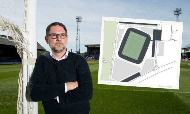 Dundee managing director John Nelms. Inset: Plans for the stadium complex at Camperdown Park.