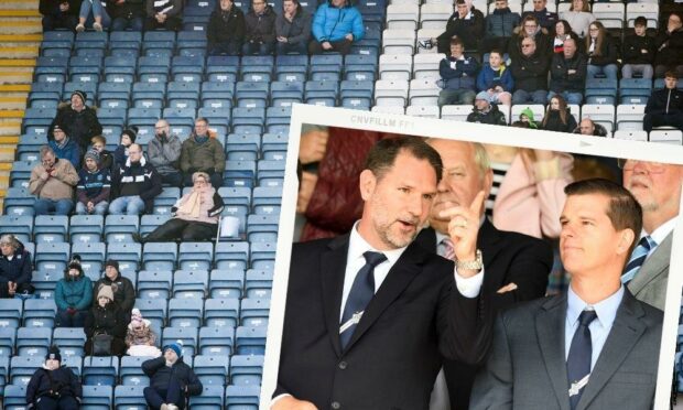 A sparse crowd at Dens Park with Dundee owners John Nelms and Tim Keyes inset.