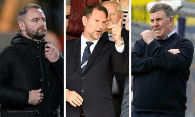 Former Dundee manager James McPake, managing director John Nelms and current manager Mark McGhee.