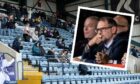 Dundee chief John Nelms (inset) and empty seats in the home end against Rangers.