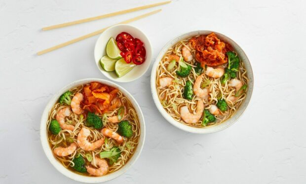 Prawn ramen with spicy kimchi.