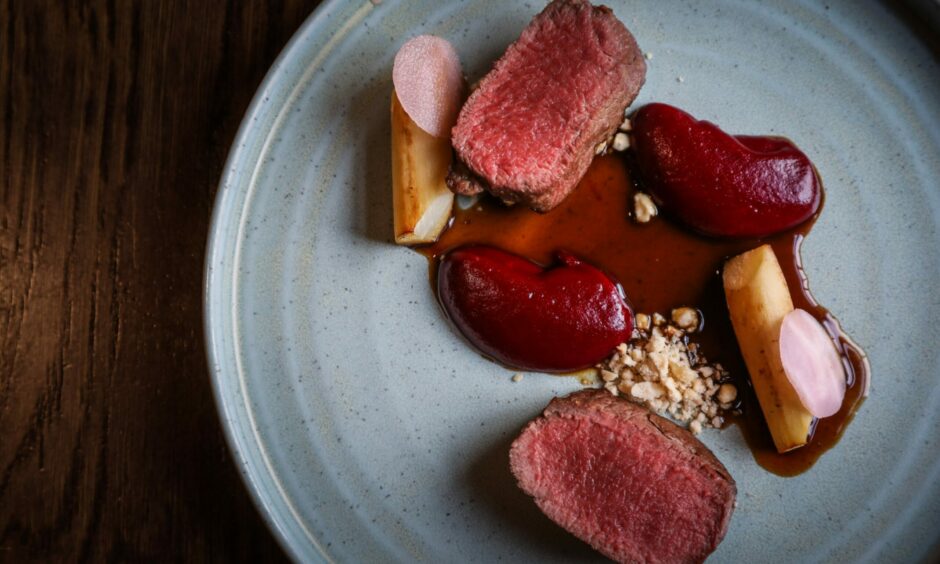 Venison loin with beetroot and hazelnut. 