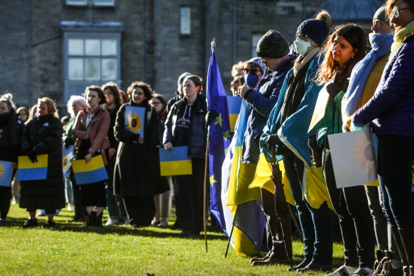 People gather at St Salvators Quad before the St Andrews Ukraine rally