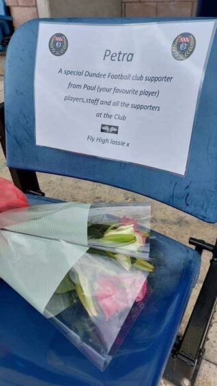 A floral tribute left on the seta of Petra Ryce at Dens Park.