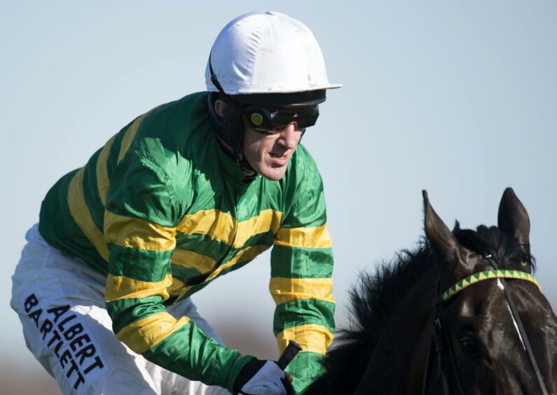 Tony McCoy rides Lettheriverrundry in his last-ever competitive race in Scotland, at Ayr in 2015.