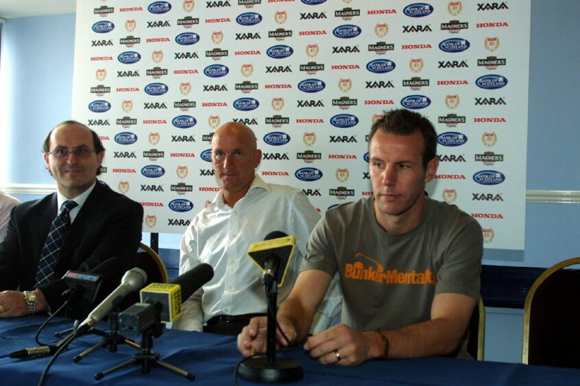 From left: Giovanni Di Stefano, Dundee FC manager Jim Duffy and new signing Craig Burley.