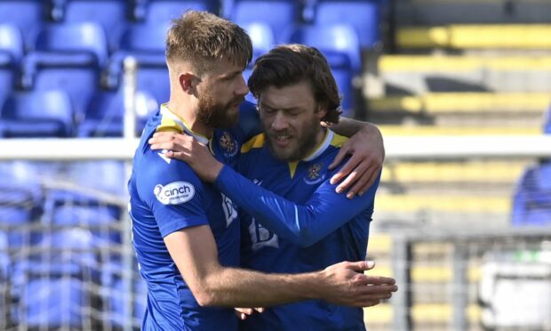 Murray Davidson celebrates with Shaun Rooney at full-time.