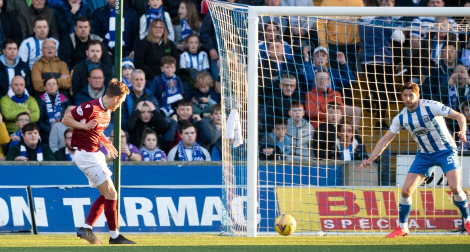 James Craigen prods home at the back post to give Arbroath the lead at Kilmarnock.