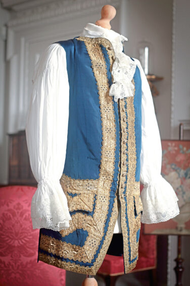  18th century men's royal blue waistcoat trimmed with fold brocade, Castle Couture, Blair Castle